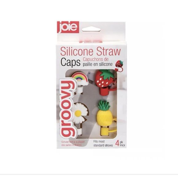 Joie Groovy Silicone Straw Caps, 4 Pack (Gold/yellow/black/grey) - 12.5x10x1cm - Picture 1 of 5